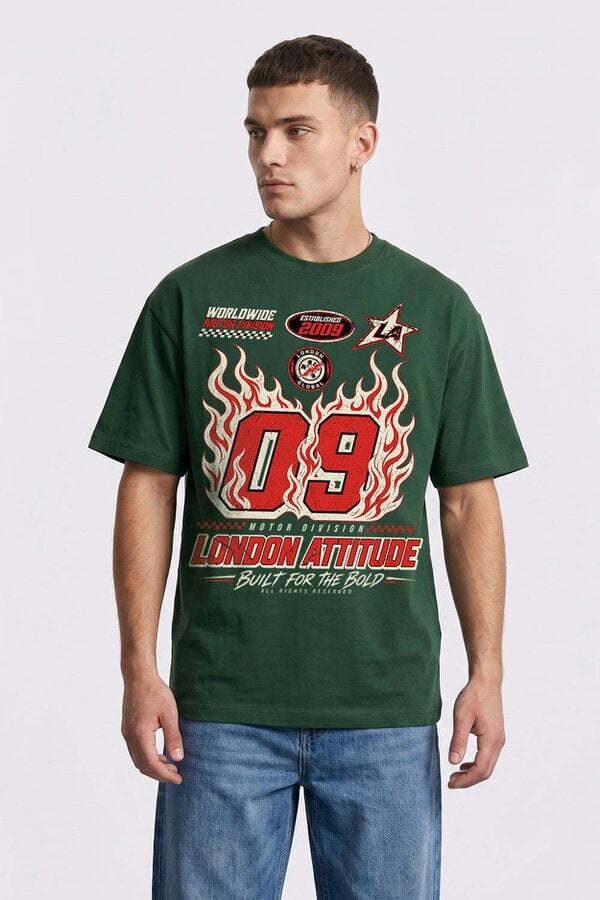 London Attitude Racing Oversized Heavyweight Graphic T-Shirt - Forest green
