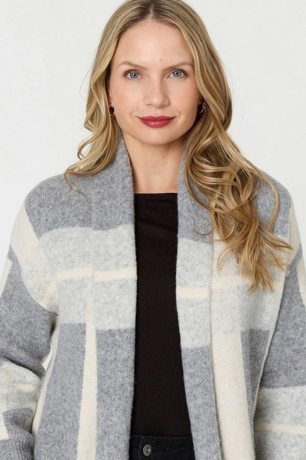 Grey | Checked Open Front Longline Cardigan
