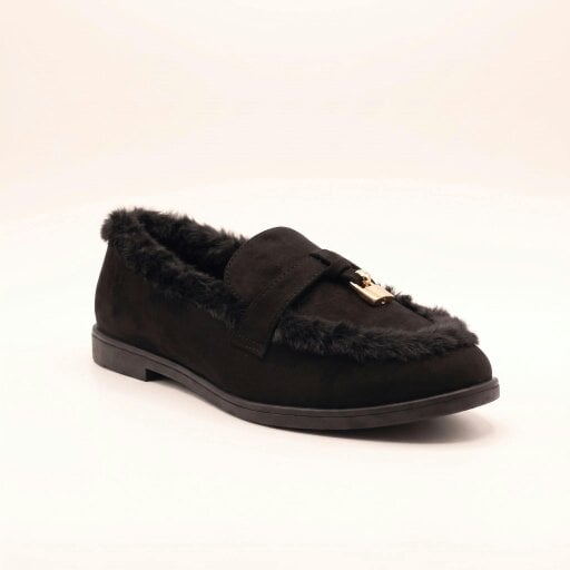 Love Lemonade Mollie Faux Suede Fur Lined Flat Penny Detail Moccasin Loafers Black