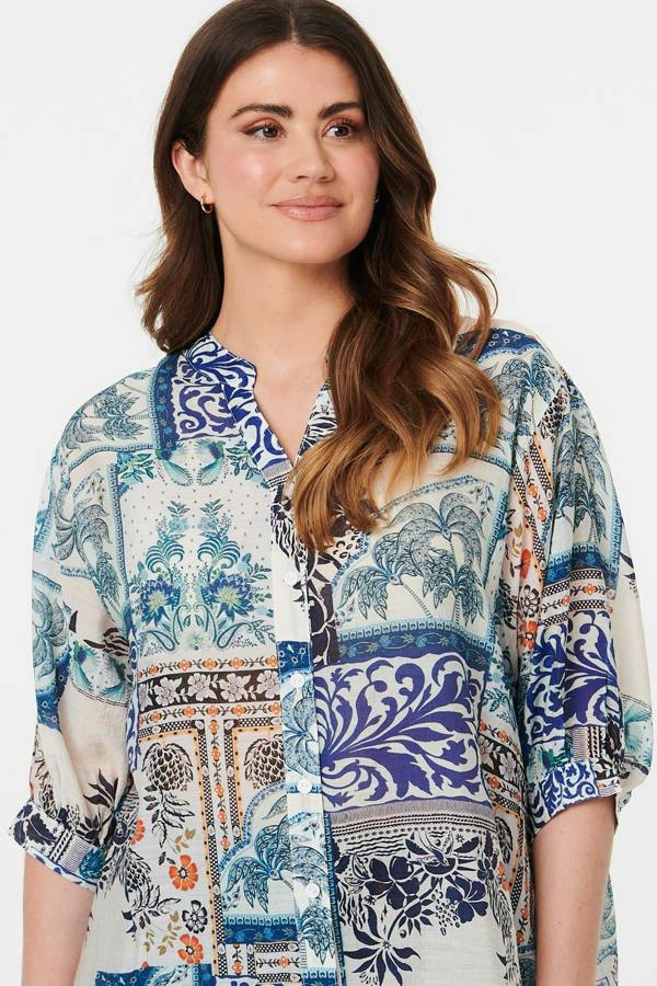 Blue | Patchwork 1/2 Sleeve Button Detail Shirt