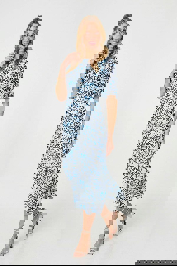 Blue | Animal Print Flared Sleeve Midi Dress
