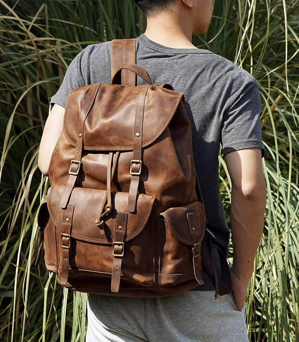 Touribag Military Style Leather Backpack - Brown