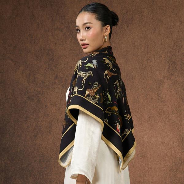 Noir Safari Wool Silk Scarf – Animal Motif Wrap, Hand-Rolled Hem, Winter Gift