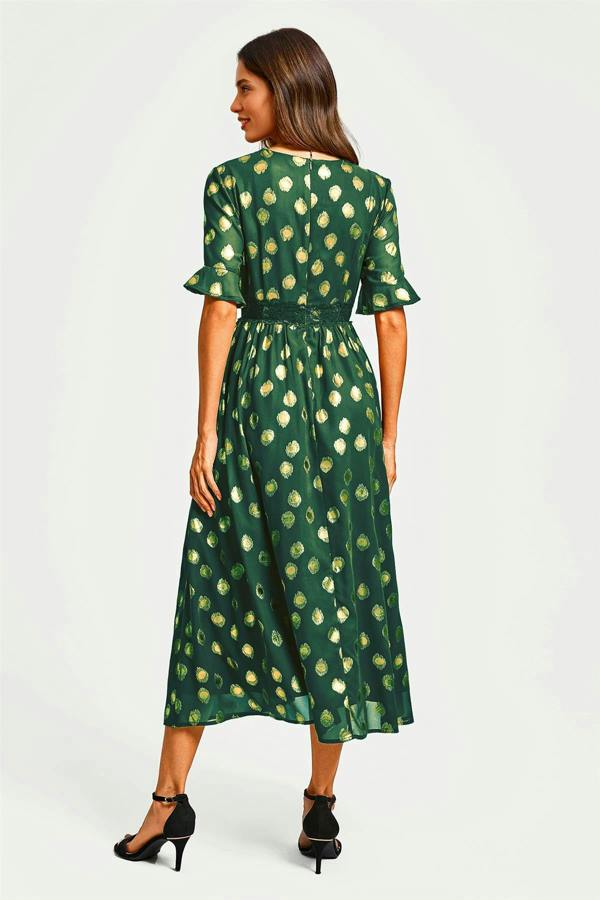 FS Collection Gold Foil Long Sleeve Lace Trim V Neck Maxi Dress In Green