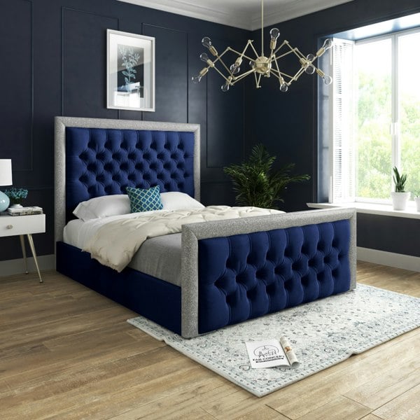 Casa Magna Venice Glitter Border Upholstered Soft Velvet Bed Frame - Blue