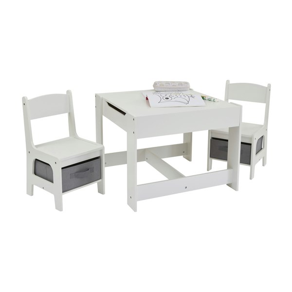 Liberty House Toys Kids Wooden Activity Table and Two Chairs with Grey Storage Bins