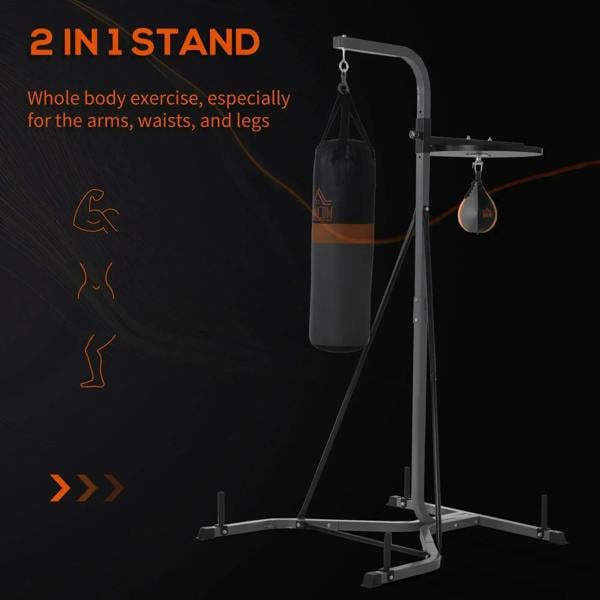 Grey boxing punch bag and speed ball stand with hanging bag and side speed ball