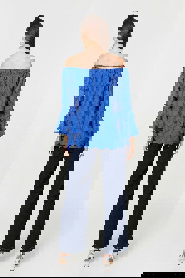 Blue | Textured Semi Sheer Bardot Blouse
