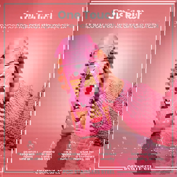 A pink water bottle with ice cream graphics is being held. Its flip top opens one-handed. The bottle is advertised as one-touch, leak-proof, and with triple lock security.