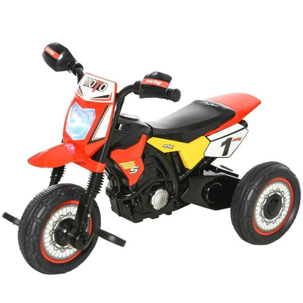 Red and black motorcycle-style ride-on tricycle with gray seat and front light