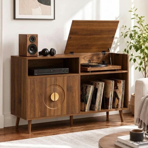 Bobobiy Record Player Stand, Vinyl Record Holder with Storage Holds Up to 300 Albums with Flip-Top Compartment, Walnut - Walnut brown