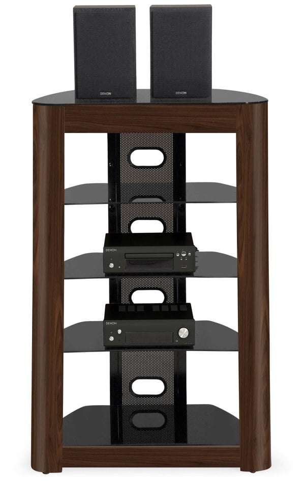 Centurion Supports Zinnia 5-Shelf Black Glass with Walnut Fascia Flat Screen TV/Hi-Fi/AV Rack Glass Stand