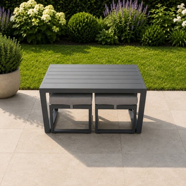 Fimous Aluminium Outdoor Garden Rectangular Coffee table with 2 Footstools for Balcony, Terrace, Pool - Dark Grey