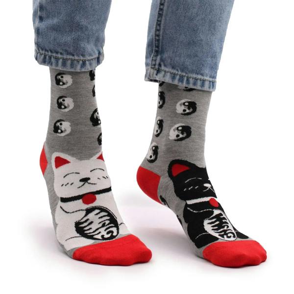Light gray bamboo socks with cartoon panda faces, red heels and toe cuffs