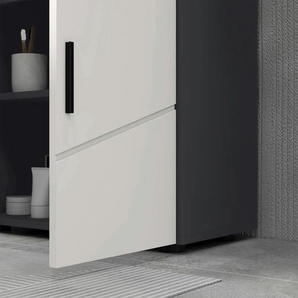 Light grey cabinet door with vertical handle and black base, front corner view