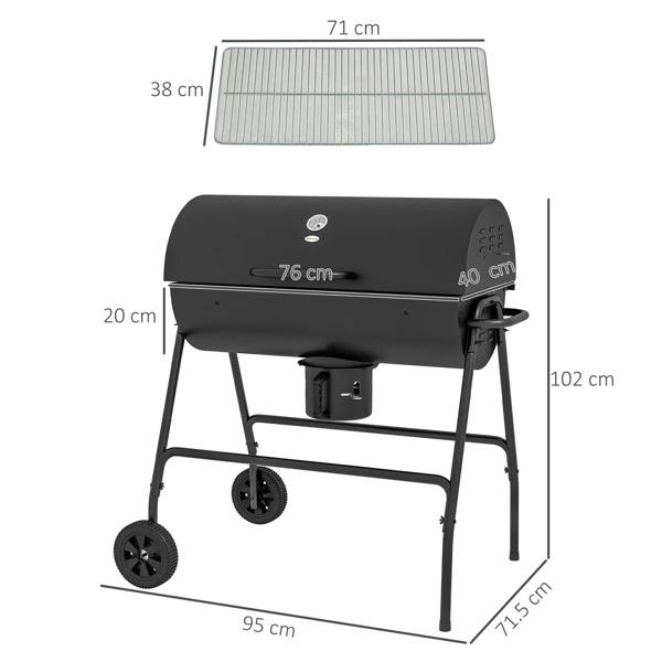Black charcoal BBQ grill with ash catcher and warming rack; size diagram shown