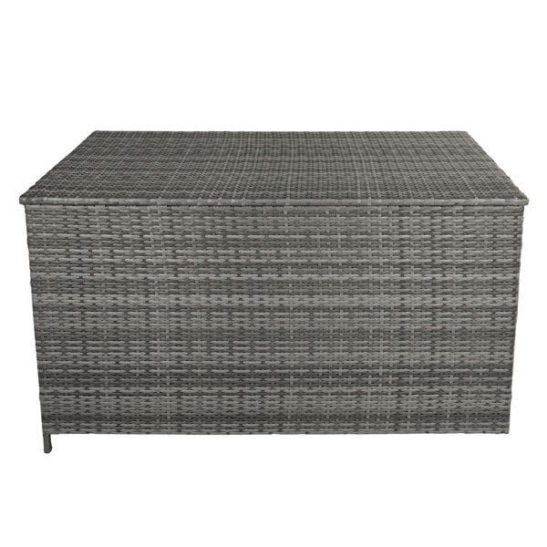 Grey rattan storage box with a textured woven design, spacious 582L capacity, ideal for outdoor or indoor organization