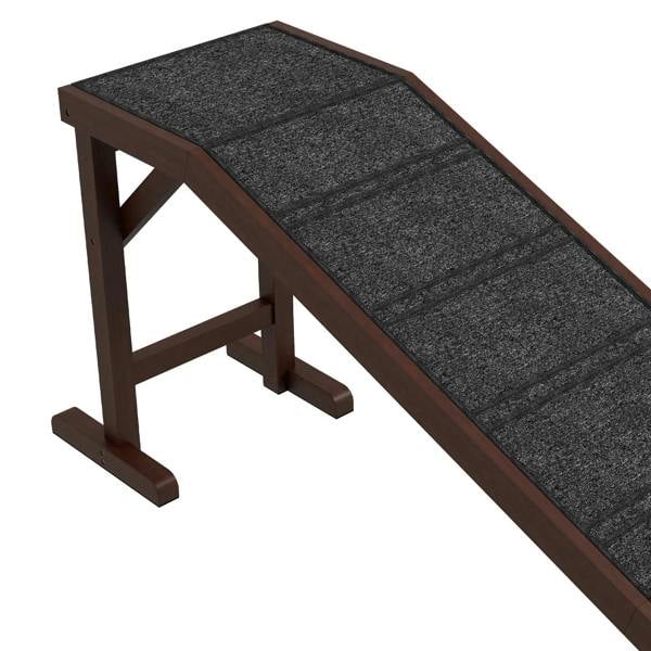 Brown dog ramp with grey non-slip platform top and angled tread