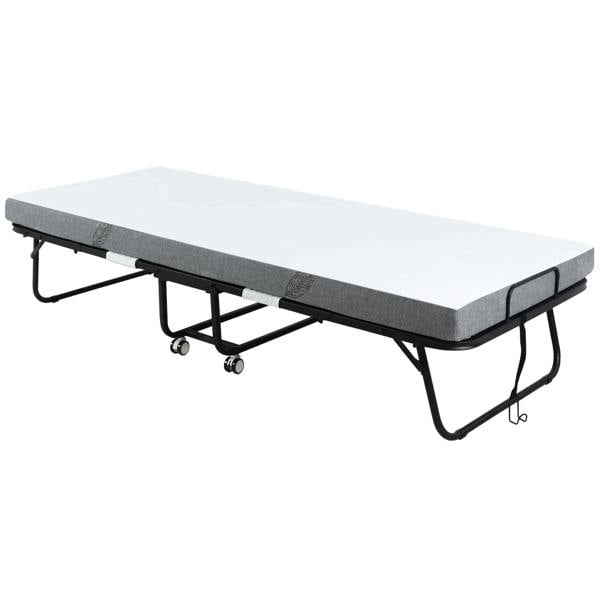 Portable folding guest bed with white mattress, gray cover, black metal frame and caster wheels