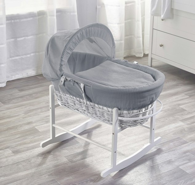 Kinder Valley Grey Waffle White Wicker Moses Basket with Rocking Stand White