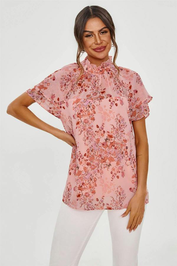 FS Collection Floral Print Frill Hem Sleeve High Neck Blouse Top In Pink