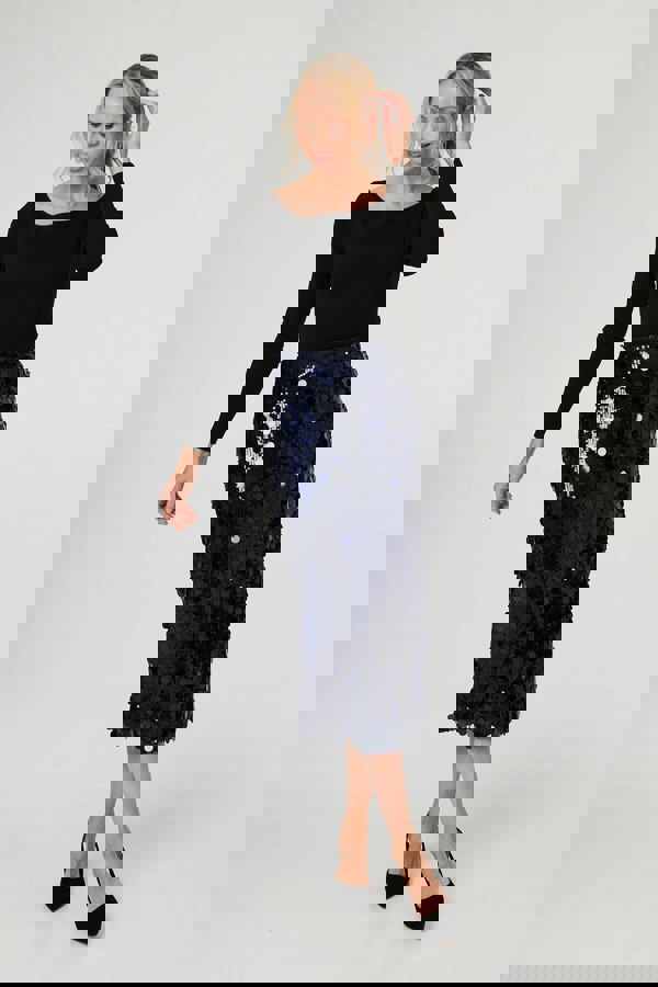 Navy | Sequin Embellished Straight Midi Skirt
