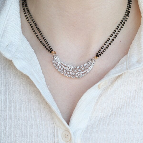 The Colourful Aura Indian Nazaria Silver Zircon Mangalsutra Black Beads Earring and Pendant Necklace
