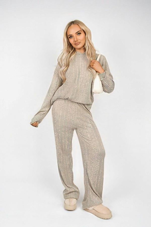 Zayana Hooded Ribbed Oversized Top And Wide Leg Lounge Co-ord Set - Stone