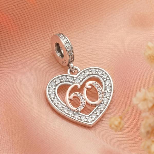Parus Home 60th Birthday Charm Pandora Compatible 925 Sterling Silver Heart Dangle, Women Bracelet Gift
