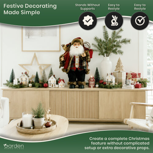 60cm Rustic Father Christmas Figure with Sack of Presents, Snow Shoes and Lantern, Free-Standing Indoor Santa Decoration with Fabric Clothing