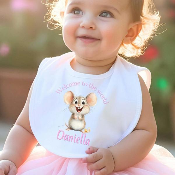 Personalised Pink Mouse Welcome Baby Grow, Vest or Bib with Name