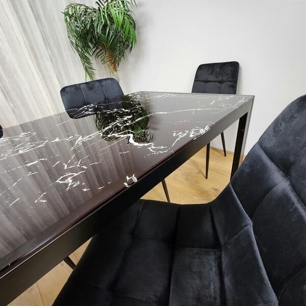 Kosy Koala Dining Table and 4 Chairs Black Marble Effect Glass 4 Velvet Black Chairs Dining Room Furniture