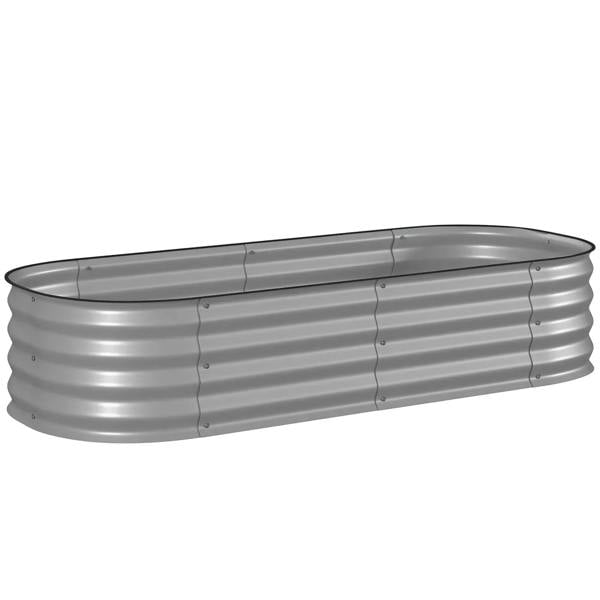 Silver galvanized metal raised garden bed with slatted sides and rounded top edge