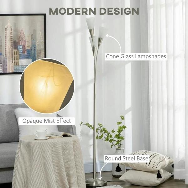 Silver standing floor lamp with opaque mist-effect cone glass shades and round base