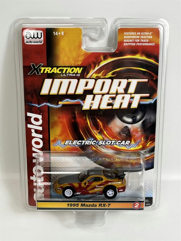 Auto World Slot Cars 1995 Mazda RX-7 Gold Red HO Scale Slot Car X Traction Auto World SC378-2