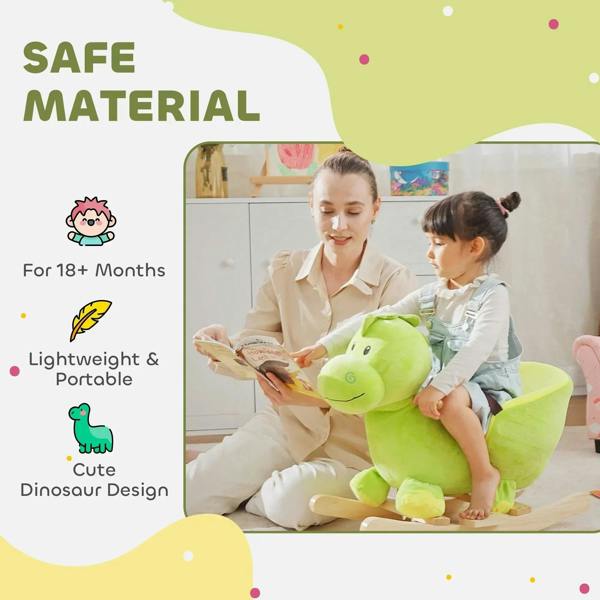 Green plush dinosaur ride-on horse with black seat safety belt and soft padded body