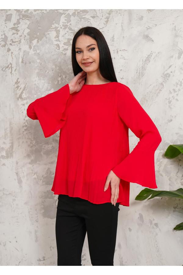 Hoxton Gal Oversized Bell Sleeve Detailed Pleated Blouse Top in Red