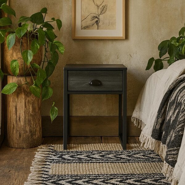 Wyld Haus Rimini Slate Grey Oak and Black Bedside Table with Drawer