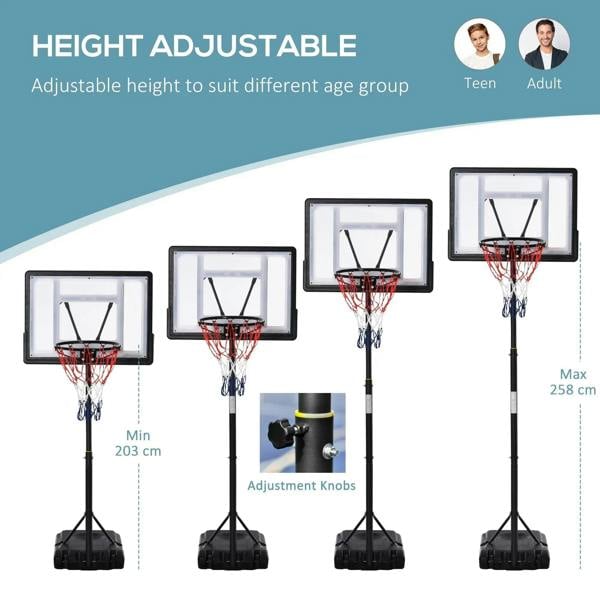 Black adjustable basketball hoop stand showing height settings and base