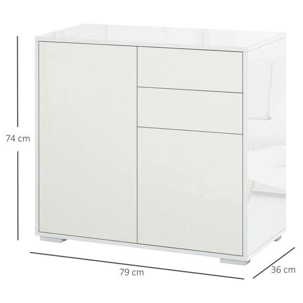 White sideboard cabinet front with two doors and two drawers, with size markings