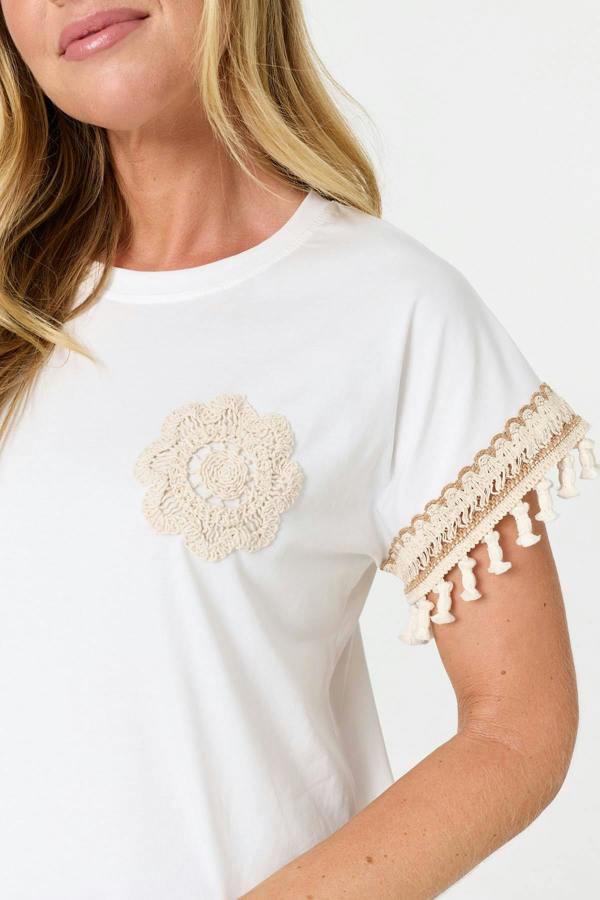 White | Crochet Embellished Short Sleeve T-Shirt