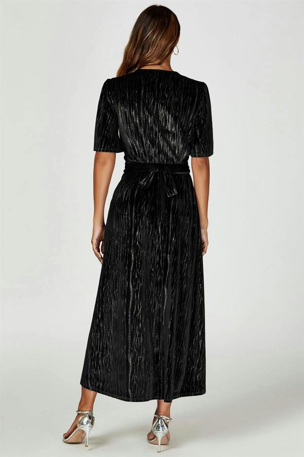 FS Collection Gold Foil Velvet Wrap Maxi Dress In Black