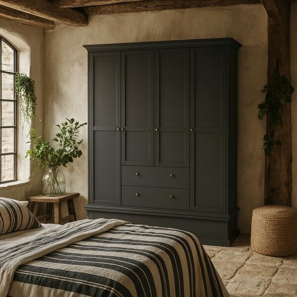 Wyld Haus Osaka Farmhouse Dark Grey Wooden Wardrobe 4 Doors 2 Drawers