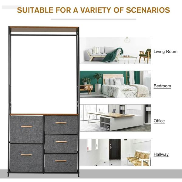 Coat rack chest of drawers with black steel frame, brown top, and 5 grey fabric drawers