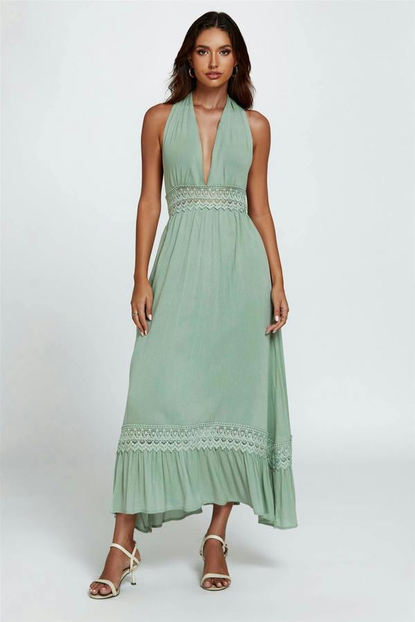 FS Collection Lace Detail Adjustable Deep V Neckline Maxi Dress In Green