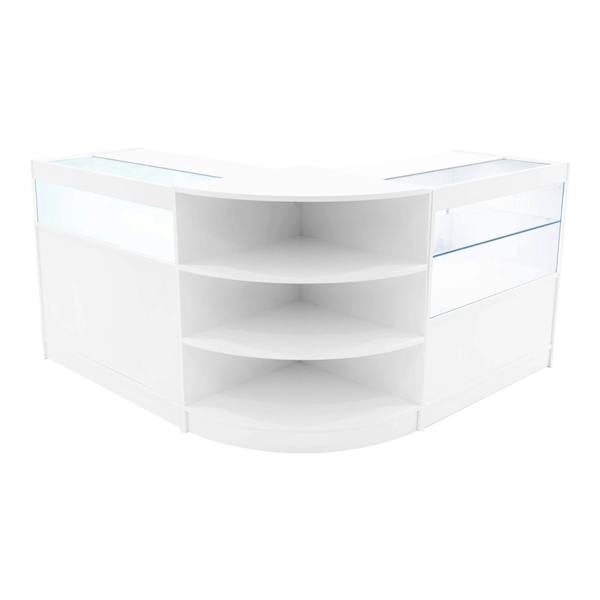 Harmonia LED Shop Counter Set in white, featuring a sleek, modern design with glass display sections and curved edges, ideal for retail spaces
