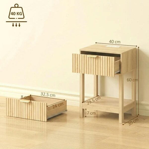 Modern Fluted Nightstand Set of 2, Bedside Table with Charging Station, Drawer and Open Shelf for Bedroom, Oak