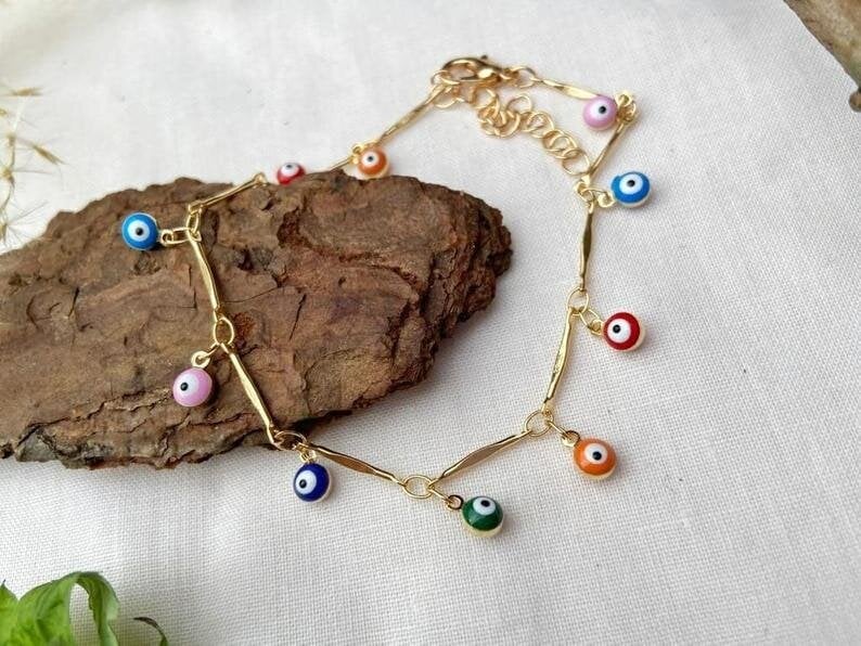 The Colourful Aura Silver Plated Dainty Evil Eye Protection Charm Beaded Dangly Adjustable Bracelet