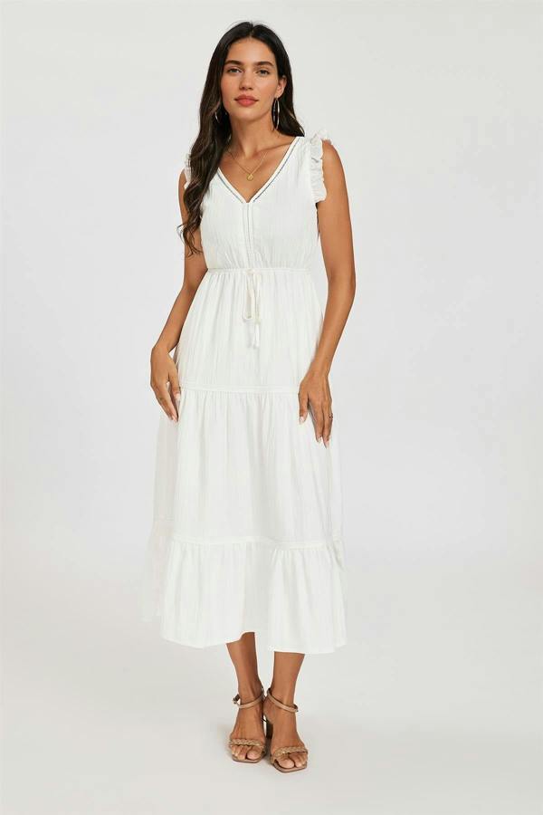 FS Collection Frill Sleeve Lace Detail Midi Dress In White