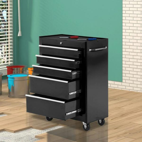 Black 5-drawer tool storage cabinet on caster wheels with lockable drawers